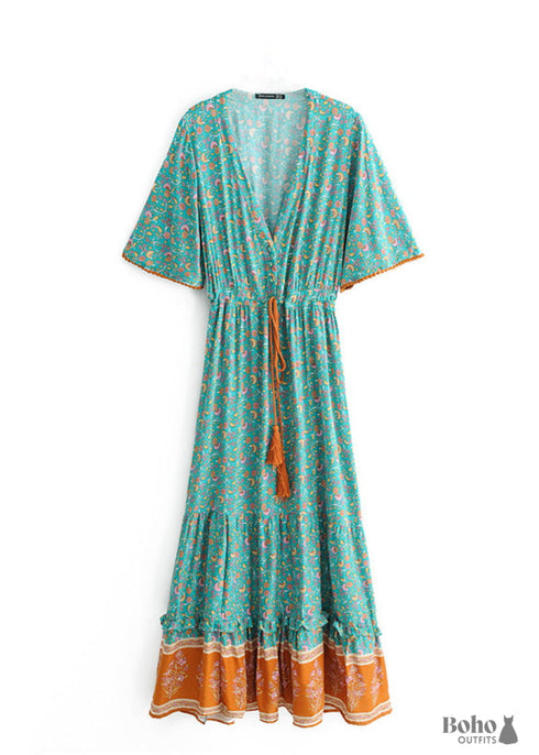 Boho Print Button Front V Neck Drawstring Dress