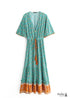 Boho Print Button Front V Neck Drawstring Dress