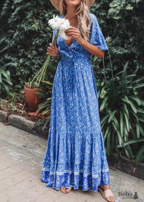 Boho Print Button Front V Neck Drawstring Dress