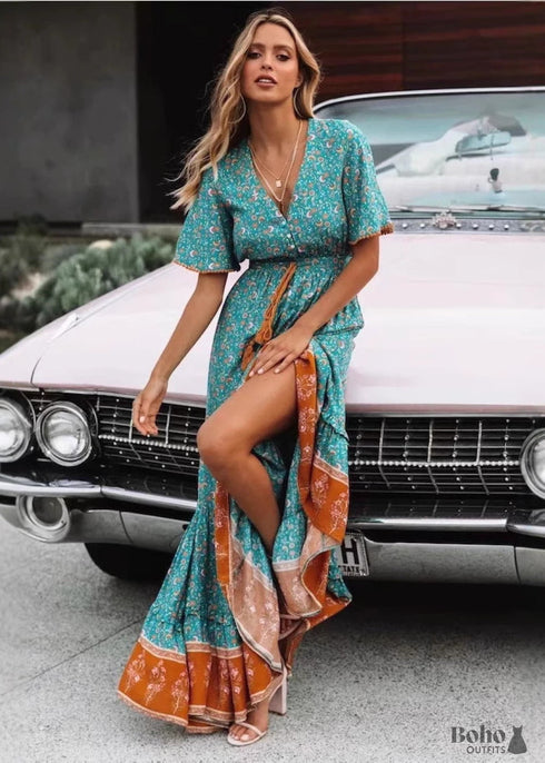 Boho Print Button Front V Neck Drawstring Dress