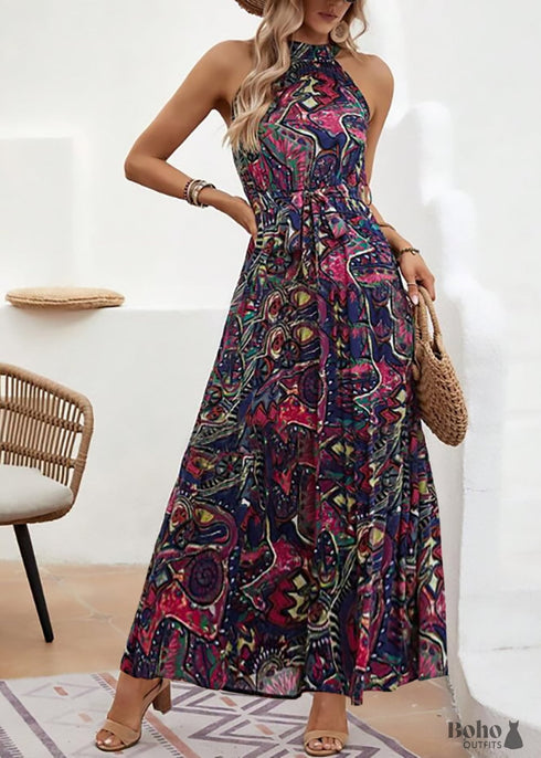 Boho Print Vintage Halter Dress