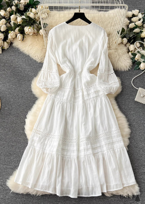 Boho Puff Sleeve Fitted Midi Dress