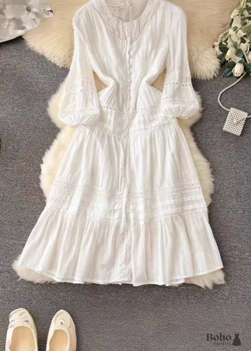 Boho Puff Sleeve Fitted Midi Dress