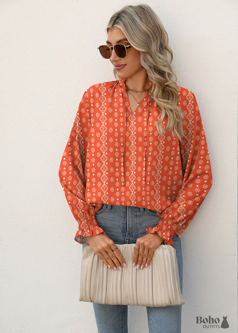 Boho Red V-neck Tie Print Shirt