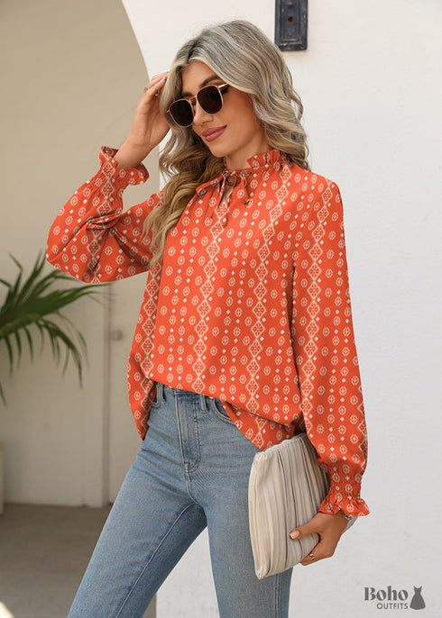 Boho Red V-neck Tie Print Shirt