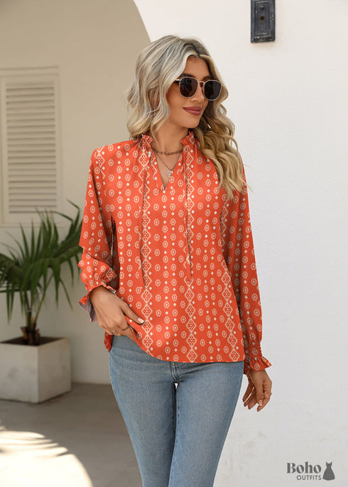 Boho Red V-neck Tie Print Shirt