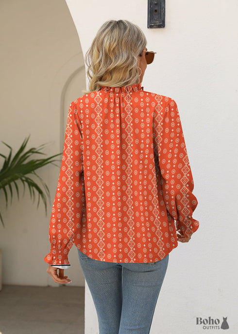 Boho Red V-neck Tie Print Shirt