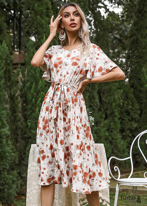 Boho Ruffle Sleeve Pleated Print Skirt