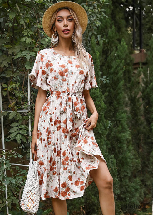 Boho Ruffle Sleeve Pleated Print Skirt