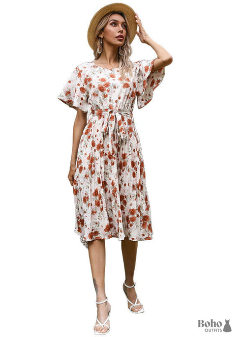 Boho Ruffle Sleeve Pleated Print Skirt