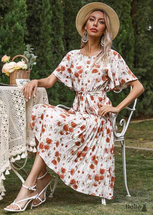 Boho Ruffle Sleeve Pleated Print Skirt