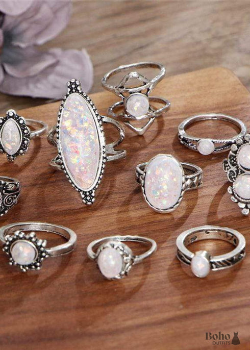 Conjunto de anillos de plata bohemios con ópalo Alessandra