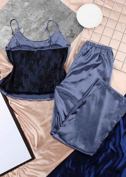 Pijama bohemio de satén y encaje negro, color blanco (12 colores)