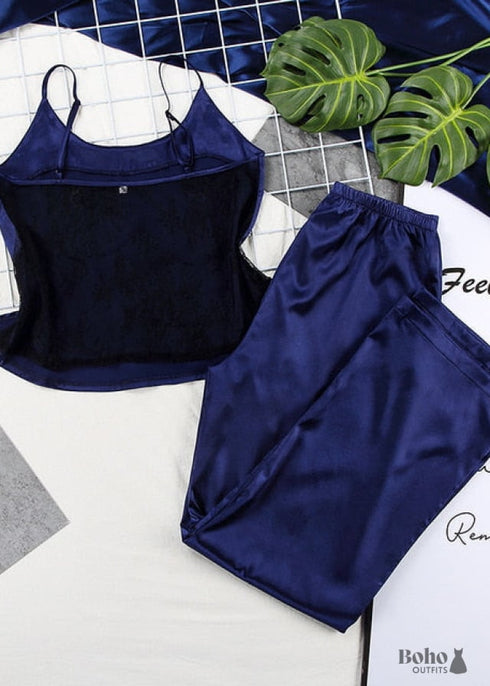 Pijama bohemio de satén y encaje negro, color blanco (12 colores)