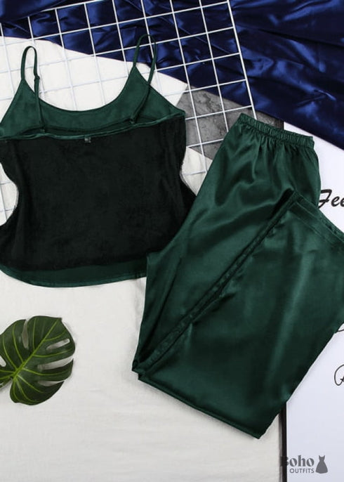 Pijama bohemio de satén y encaje negro, color blanco (12 colores)