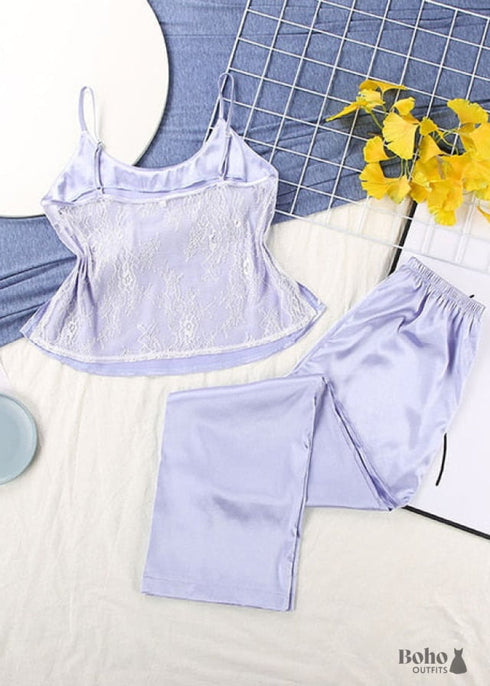 Pijama bohemio de satén y encaje negro, color blanco (12 colores)