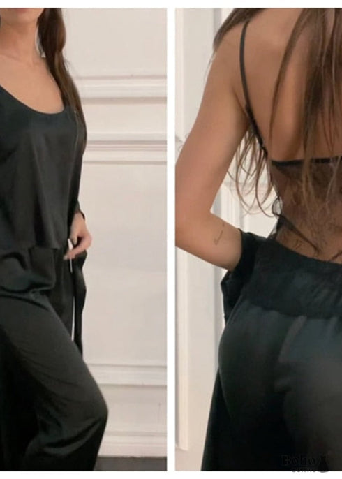 Pijama bohemio de satén y encaje negro, color blanco (12 colores)