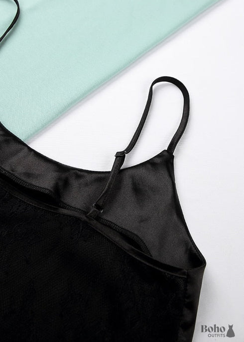 Pijama bohemio de satén y encaje negro, color blanco (12 colores)