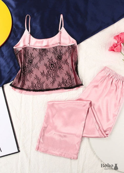 Pijama bohemio de satén y encaje negro, color blanco (12 colores)