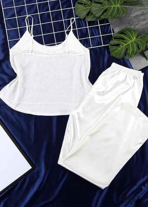 Pijama bohemio de satén y encaje negro, color blanco (12 colores)