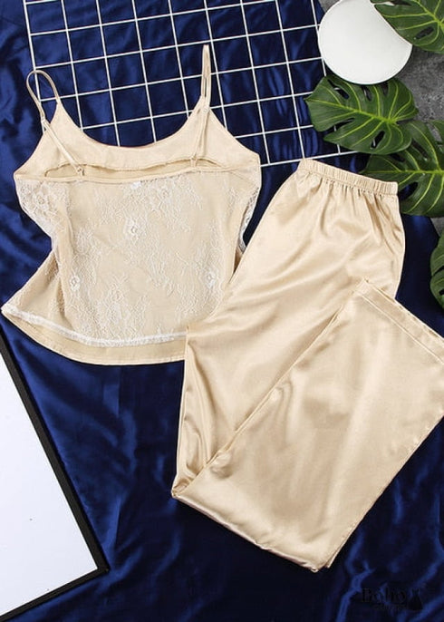 Pijama bohemio de satén y encaje negro, color blanco (12 colores)