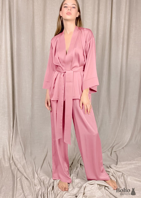 Pijama bohemio, conjunto de pijama de satén Clementine en rosa, champán y morado.