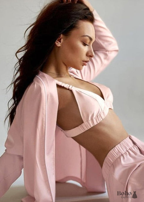 Boho Sleepwear, Pajamas Set, PJ Satin Clementine in Silver, Pink and Champagne