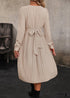 Boho Solid Color Tie Waist Long Sleeve Pleated Dress in Beige