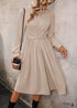 Boho Solid Color Tie Waist Long Sleeve Pleated Dress in Beige