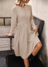 Boho Solid Color Tie Waist Long Sleeve Pleated Dress in Beige