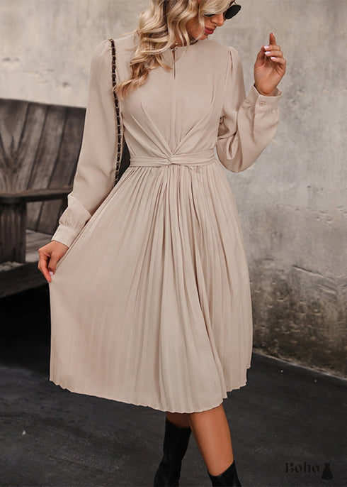 Boho Solid Color Tie Waist Long Sleeve Pleated Dress in Beige