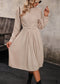 Boho Solid Color Tie Waist Long Sleeve Pleated Dress in Beige