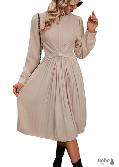 Boho Solid Color Tie Waist Long Sleeve Pleated Dress in Beige