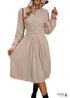 Boho Solid Color Tie Waist Long Sleeve Pleated Dress in Beige