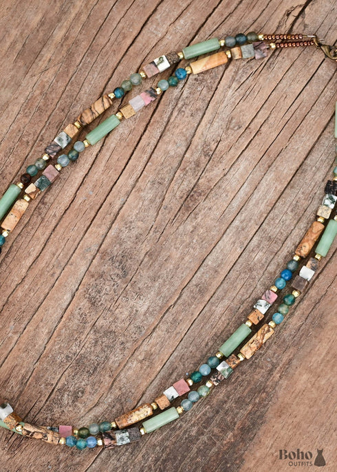 Boho Style Double Layer Mahogany Grain Imperial Stone Ncklace