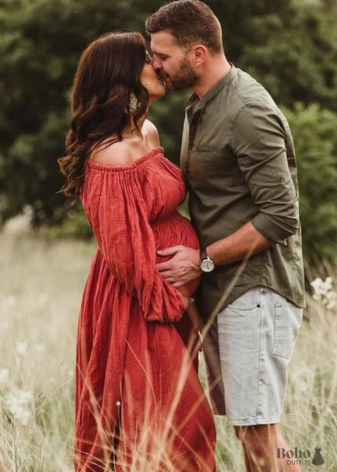 Boho Style One-shoulder Neck Maternity Cotton Dress