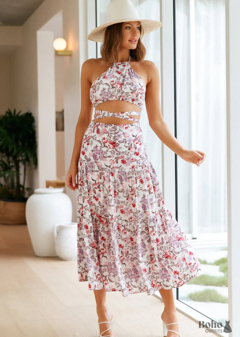 Boho Summer Tie-up Printed Midi Dress Victoria
