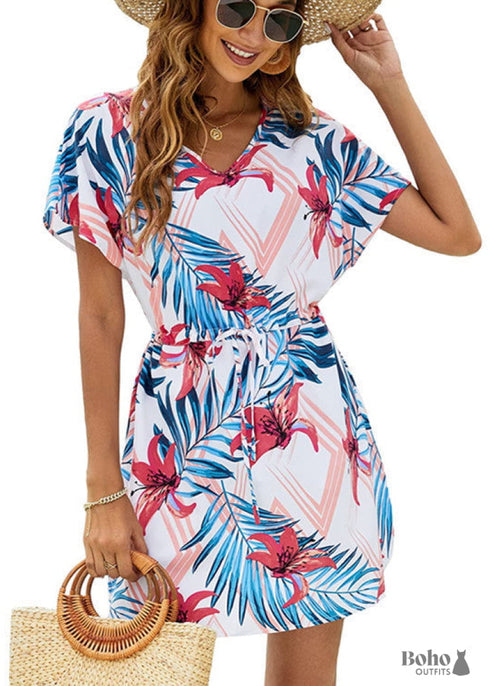 Boho V Neck Short Sleeve Dress