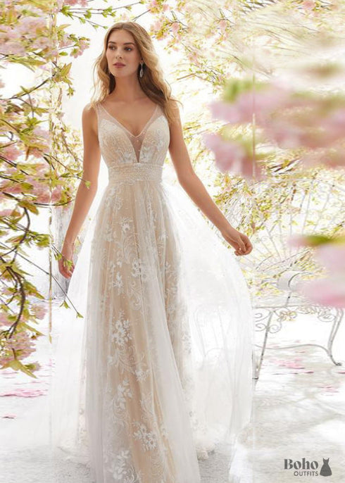 Boho V-neck Sweep Train Tulle Sleeveless Wedding Dress