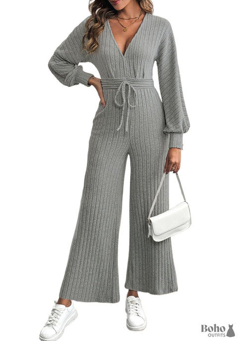 Boho V-neck Tie Wide-leg Jumpsuit