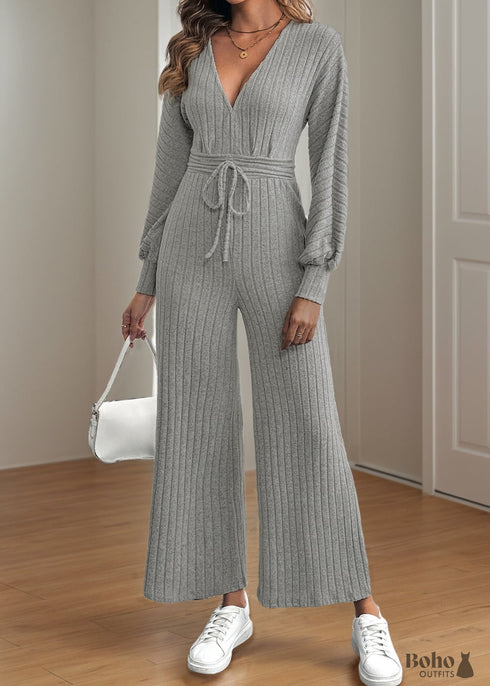 Boho V-neck Tie Wide-leg Jumpsuit