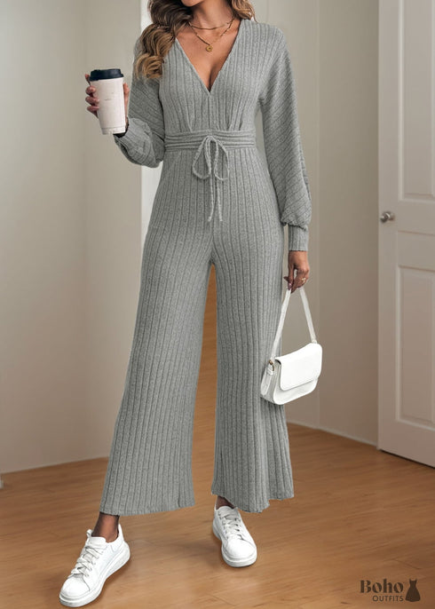 Boho V-neck Tie Wide-leg Jumpsuit