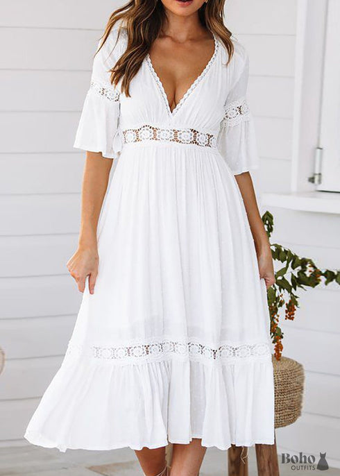 Boho White Lace Midi Dress Kenzie