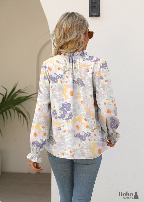 Boho White V-neck Tie Print Shirt