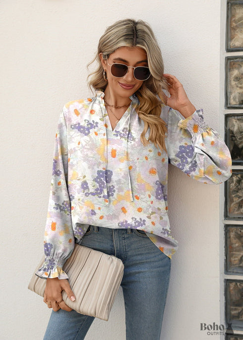Boho White V-neck Tie Print Shirt
