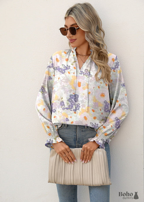 Boho White V-neck Tie Print Shirt