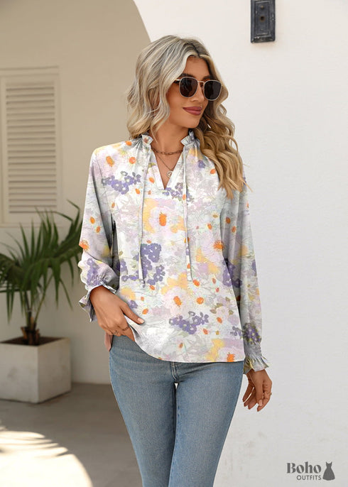 Boho White V-neck Tie Print Shirt