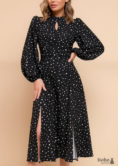 Vestido negro de manga larga con lunares