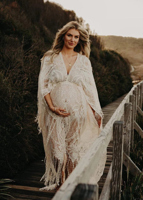 Lace Embroidery Maternity Tassel Boho Dress