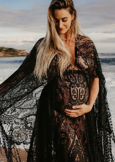 Lace Embroidery Maternity Tassel Boho Dress